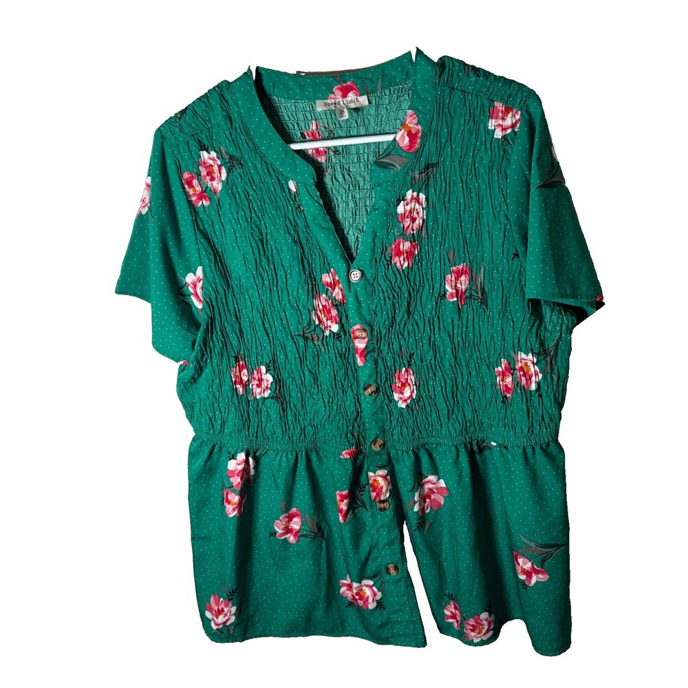 Speed Limit Blouse Women's 1X Green Floral V-Neck Short Sleeve Smocked Shirt